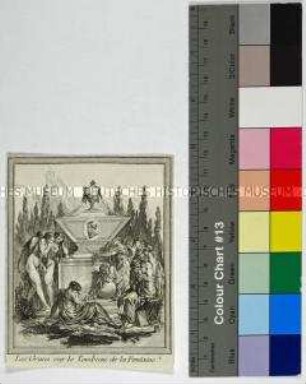 Grabmal und Medaillonbildnis des französischen Schriftstellers Jean de La Fontaine mit trauernden Grazien