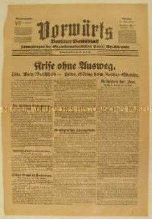 Titelblatt des Zentralorgans der SPD "Vorwärts" zur Regierungskrise