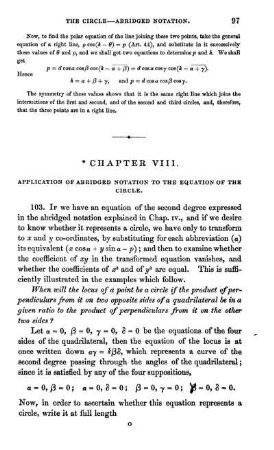 Chapter VIII. Application of abridged notation to the equation of the circle.