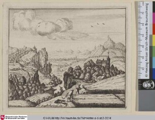 [Bergige Landschaft mit Bauern bei der Ernte]