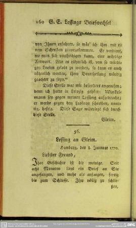 56. Lessing an Gleim. Hamburg, den 8. Jannuae 1770