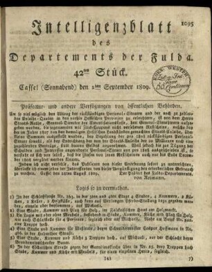 42tes Stueck, (Sonnabend) den 2ten September 1809