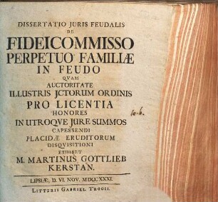 Dissertatio Juris Feudalis De Fideicommisso Perpetuo Familiæ In Feudo