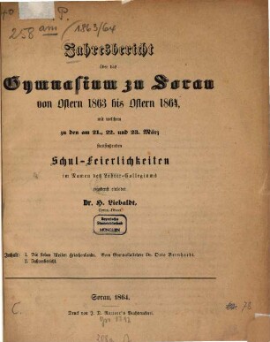Jahresbericht über das Gymnasium zu Sorau : von Ostern ... bis Ostern .... 1863/64