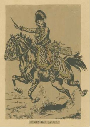 Stab Kaiser Napoleons I.: General Lasalle in grosser Uniform und Mütze, zu Pferd, Vorderansicht
