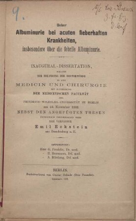 Ueber Albuminurie bei acuten fieberhaften Krankheiten, insbesondere über die febrile Albuminurie