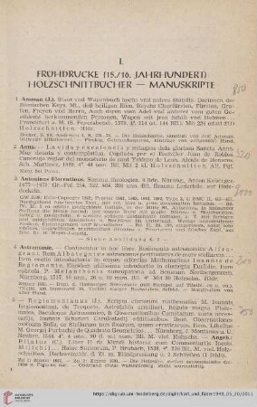 I. Frühdrucke (15./16. Jahrhundert) Holzschnittbücher - Manuskripte (Nr.1-47)