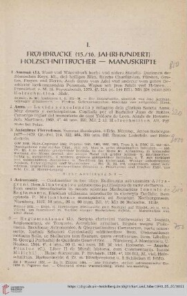 I. Frühdrucke (15./16. Jahrhundert) Holzschnittbücher - Manuskripte (Nr.1-47)