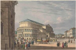 Der erste Bau der Semperoper auf dem Theaterplatz in Dresden (1841 errichtet, 1869 abgebrannt) von Osten