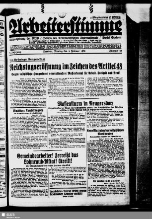 Arbeiterstimme : Tageszeitung der Kommunistischen Partei Deutschlands, Sektion der Kommunistischen Internationale, Bezirk Sachsen, Verbreitungsgebiet Ostsachsen