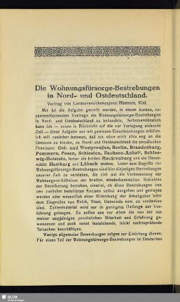 Die Wohnungsfürsorge-Bestrebungen in Nord- und Ostdeutschland