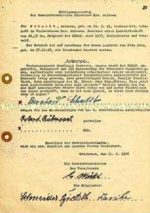 Enteignungsantrag der Gemeindekommission Griebenow gegen einen Landwirt wegen Nazi-Verbrechen (Durchschlag)