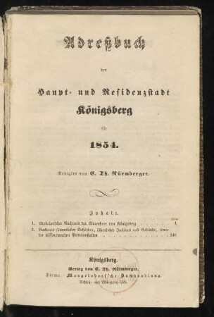 1854: Adreßbuch der Haupt- und Residenzstadt Königsberg i. Pr. und der Vororte