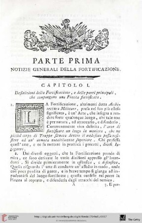 Parte prima: Notizie generali della fortificazione