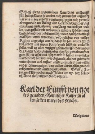 Karl der Fünfft von gottes genaden/ Romischer Kaiser zu allen zeiten merer des Reichs.