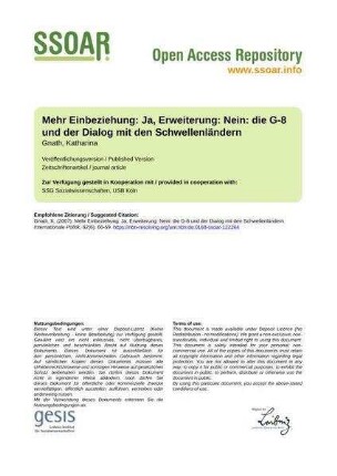Mehr Einbeziehung: Ja, Erweiterung: Nein: die G-8 und der Dialog mit den Schwellenländern