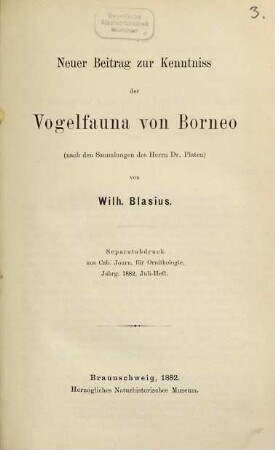 Neue Beiträge zur Kenntniss der Vogelfauna von Borneo (nach den Sammlungen des Herrn Dr. Platen)