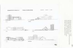 Schauspielschule und Theatermuseum am Schlossparktheater, Berlin-Steglitz (Diplomarbeit bei Willy Kreuer): Ansichten von Osten, Westen und Schnitte 1:200