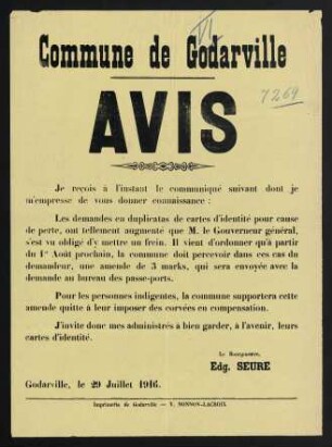 Commune de Godarville. Avis. Le Bourgmestre, Edg. Seure. Godarville, 29. Juillet 1916.