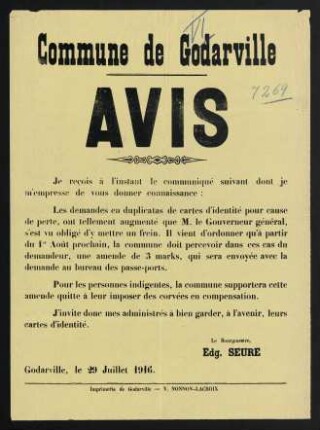 Commune de Godarville. Avis. Le Bourgmestre, Edg. Seure. Godarville, 29. Juillet 1916.
