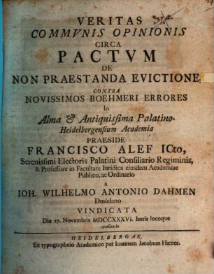 Veritas Commvnis Opinionis Circa Pactvm De Non Praestanda Evictione, Contra Novissimos Boehmeri Errores