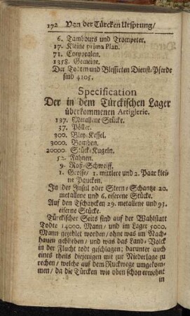Specification Der in dem Türckischen Lager überkommenen Artiglerie
