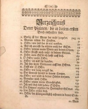 Verzeichnüß Derer Psalmen, die in diesem ersten Buch enthalten sind.