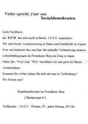 Flugblatt einer SPD-Basisgruppe im Bezirk Prenzlauer Berg zum turnusmäßigem Treff