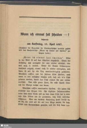 Wenn ich einmal soll scheiden – ! : Ansprache am Karfreitag, 15. April 1927