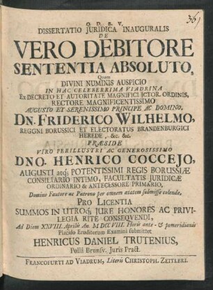 Dissertatio Iuridica Inauguralis De Vero Debitore Sententia Absoluto