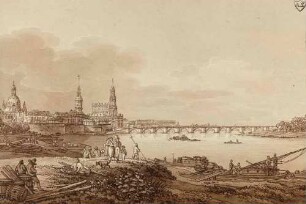 Dresden und die Augustusbrücke vom linken Elbufer aus