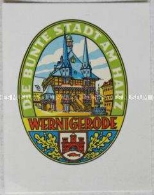 Werbeaufkleber der Stadt Wernigerode mit Ansicht des Rathauses