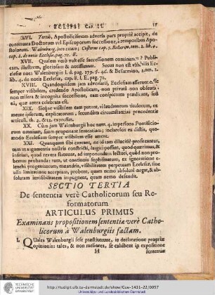 ARTICULUS PRIMUS Examinans propositionem sententia verè Catholicorum à Walenburgiis factam.