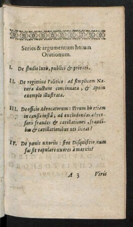 Series & argumentum harum Orationum.