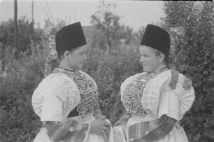 Brautjungfern in Hoyerswerdaer Tracht. : Družce we Wojerowskej drasće.