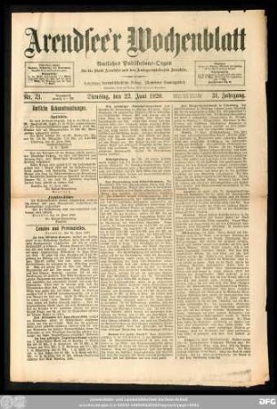 Arendsee'r Wochenblatt, Nr. 73. Dienstag, den 22. Juni 1920.