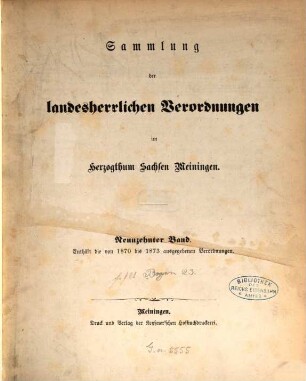 Sammlung der landesherrlichen Verordnungen im Herzogthum Sachsen-Meiningen. 19. 1870/73
