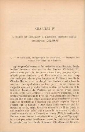 Chapitre IV. L'église de Besancon à l'époque Franque-Carlo-Vingienne (752-888)