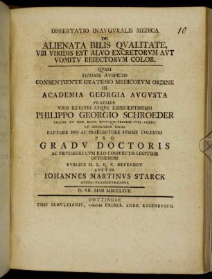 Dissertatio Inauguralis Medica De Alienata Bilis Qualitate Ubi Viridis Est Alvo Excretorum Aut Vomitu Reiectorum Color