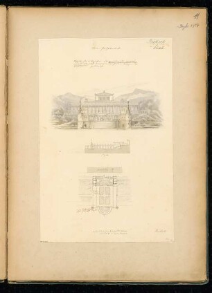 Terrasse Monatskonkurrenz Dezember 1854: Lageplan, Aufriss Wasseransicht, Längsschnitt; Maßstabsleiste