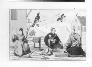 Chinesische Familie beieinander sitzend
