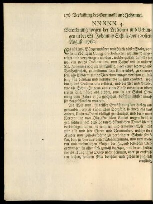 NNNNN. 4. Verordnung wegen der Lectionen und Uebungen in der St. Johannis Schule, vom 20sten August 1760
