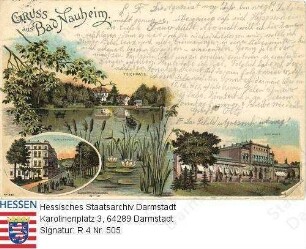 Bad Nauheim, Kuranlage / Teichhaus, Großer Sprudel und Badehaus - Kunstcollage / Illustrationen