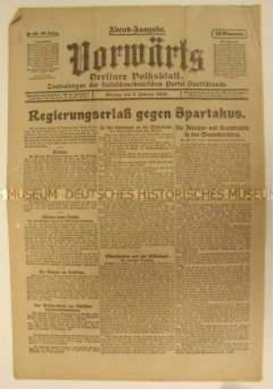 Zentralorgan der SPD "Vorwärts" u.a. zum Regierungserlass gegen den Spartakus-Bund