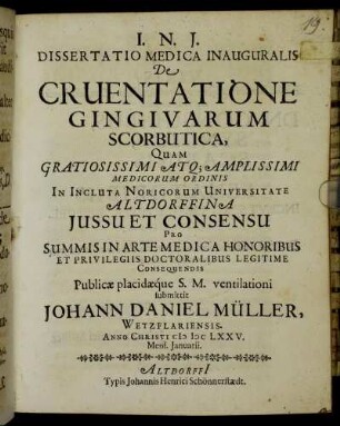Dissertatio Medica Inauguralis De Cruentatione Gingivarum Scorbutica