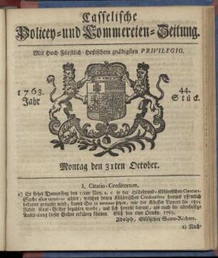 44. Stueck, Montag den 31ten October 1763