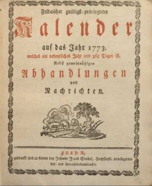 1773: Fuldaischer gnädigst-privilegirter Kalender