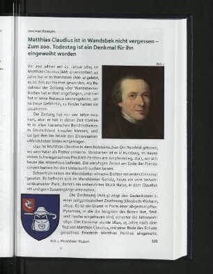 Matthias Claudius ist in Wandsbek nicht vergessen - Zum 200. Todestag ist ein Denkmal für ihn eingeweiht worden