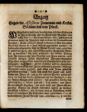 Anzeig Gegen die Assessores Zerneman und Krebs. So dann den von Pürck