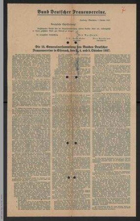 Pressebericht zur 15. Generalversammlung des Bundes Deutscher Frauenvereine in Eisenach am 04. und 05. Oktober 1927